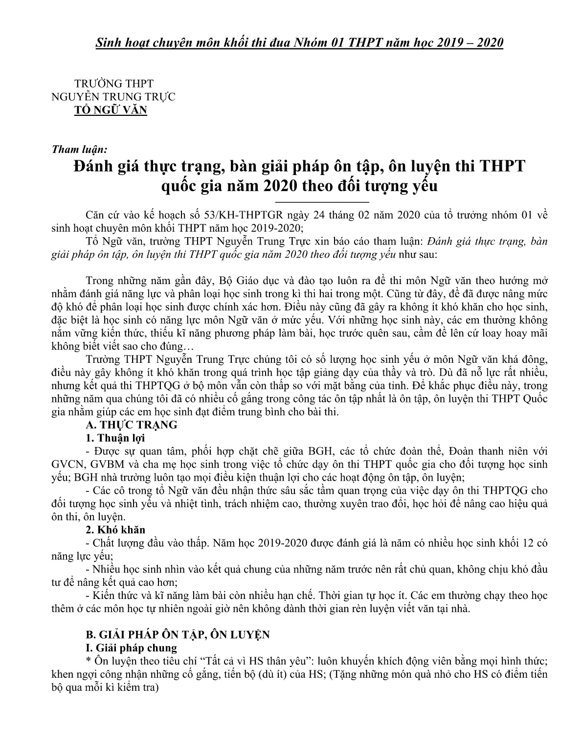 Tham luận Đánh giá thực trạng, bàn giải pháp ôn tập, ôn luyện thi THPT quốc gia năm 2020 theo đối tượng yếu trang 1