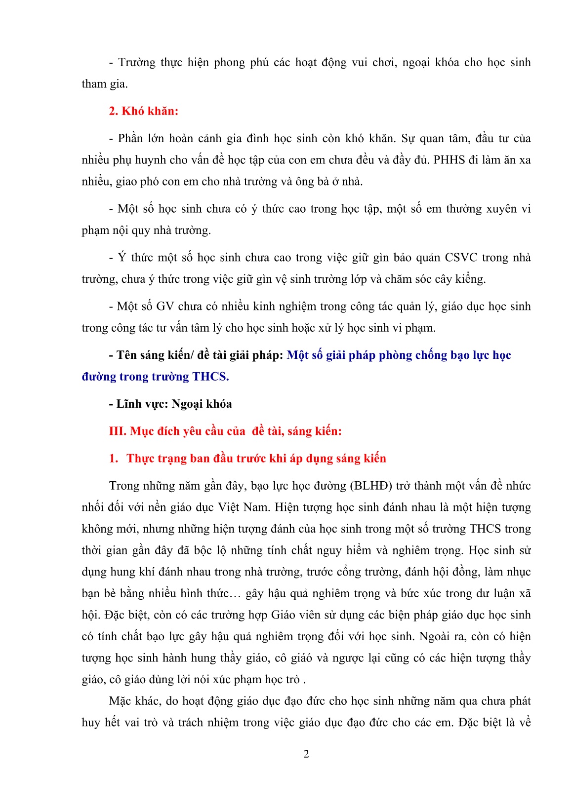 Sáng kiến kinh nghiệm Một số giải pháp phòng chống bạo lực học đường trong trường THCS trang 2