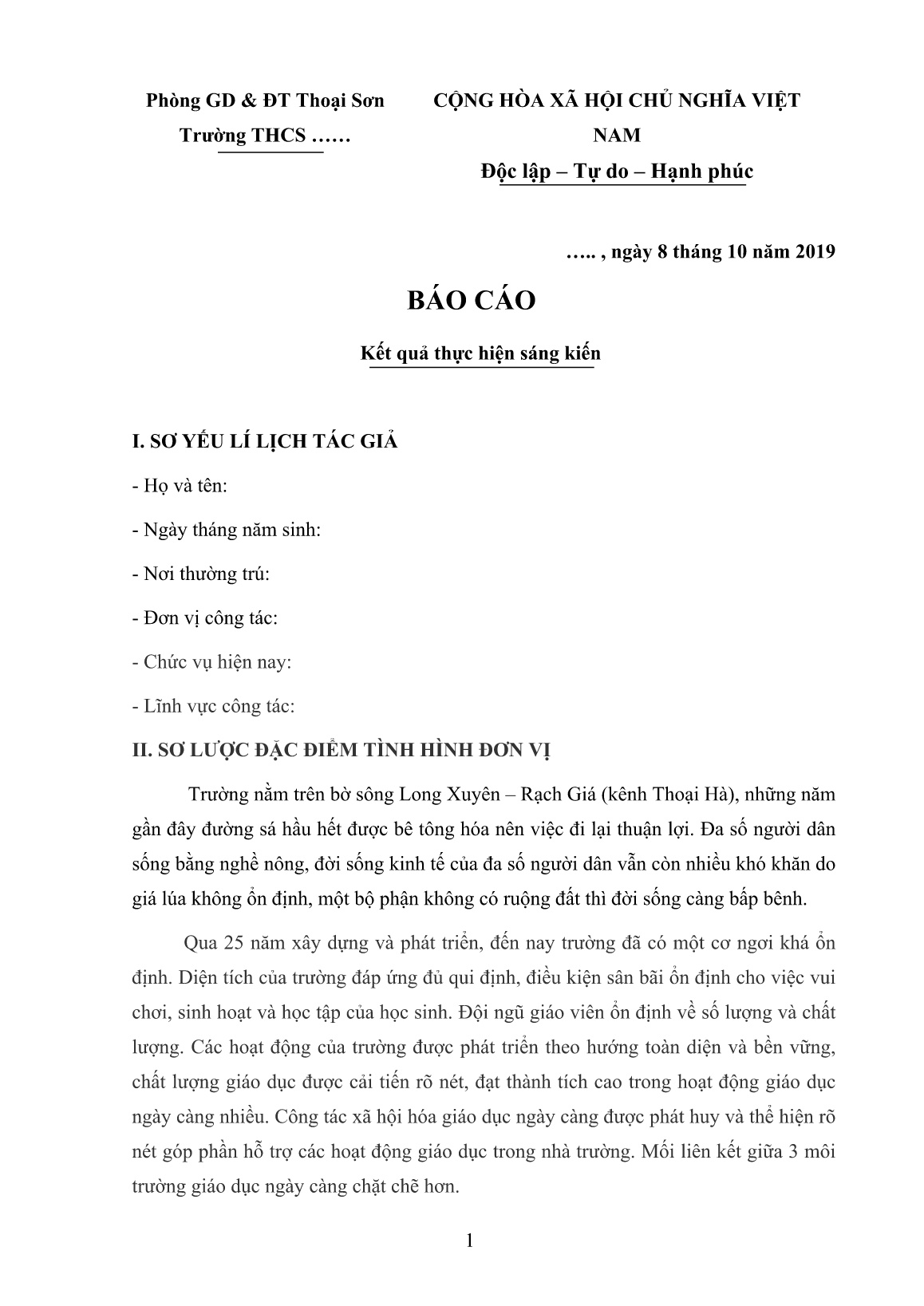 Sáng kiến kinh nghiệm Một số giải pháp hạn chế bạo lực học đường trong công tác chủ nhiệm trang 1