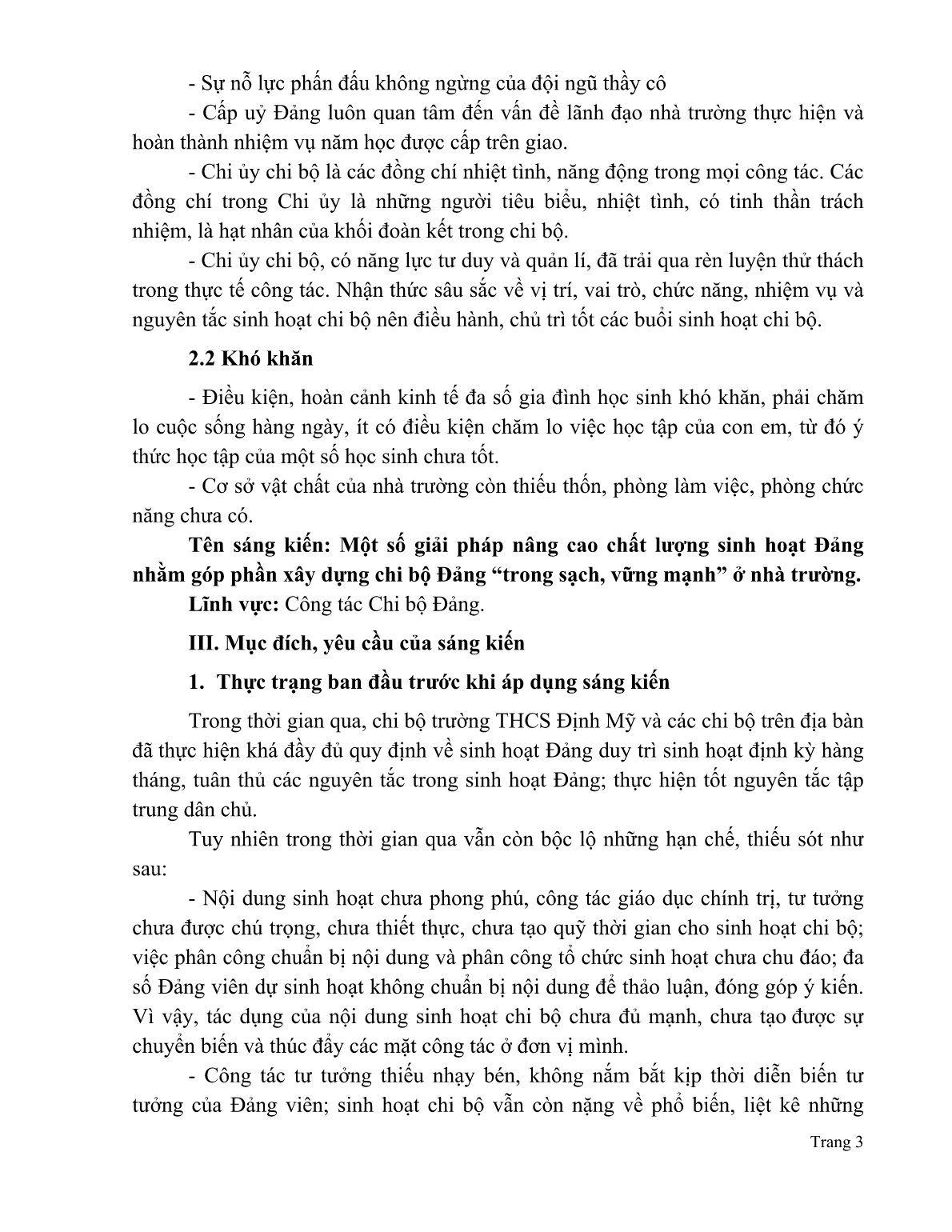 SKKN Một số giải pháp nâng cao chất lượng sinh hoạt Đảng nhằm góp phần xây dựng chi bộ Đảng “trong sạch, vững mạnh” ở nhà trường trang 3