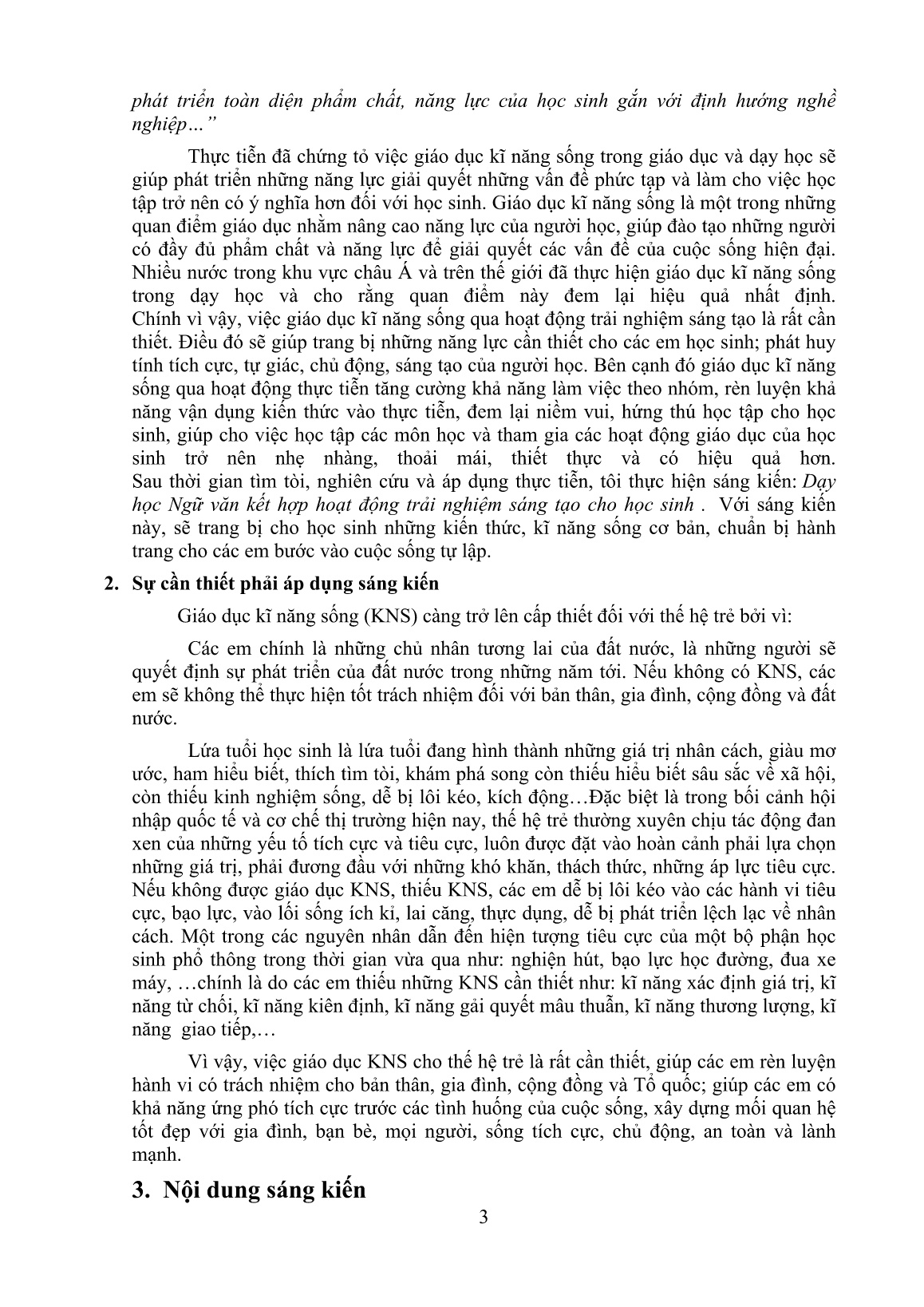 Sáng kiến kinh nghiệm Dạy học Ngữ văn kết hợp với hoạt động trải nghiệm sáng tạo trang 3