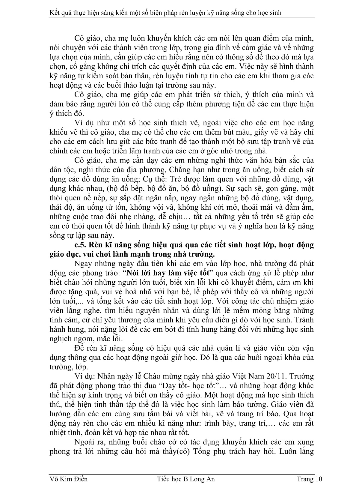 Sáng kiến kinh nghiệm Một số biện pháp rèn luyện kỹ năng sống cho học sinh ở trường tiểu học B Long An trang 10