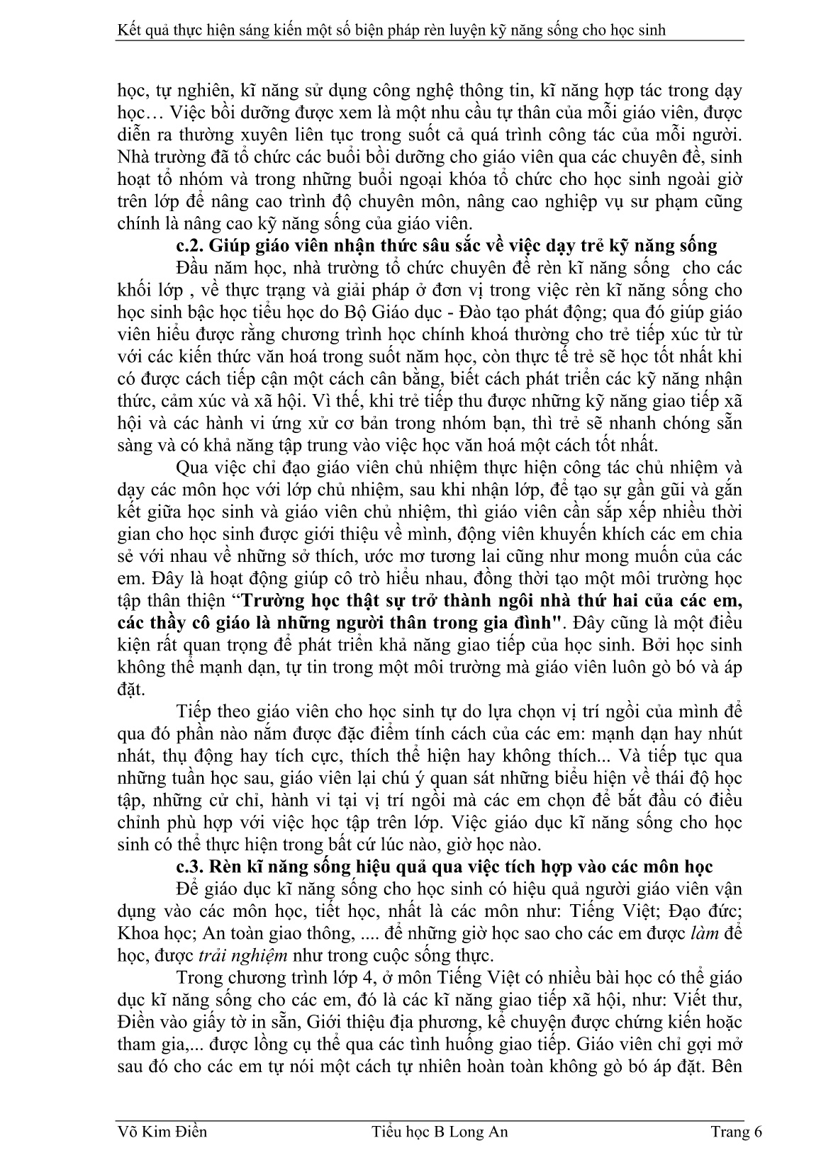 Sáng kiến kinh nghiệm Một số biện pháp rèn luyện kỹ năng sống cho học sinh ở trường tiểu học B Long An trang 6