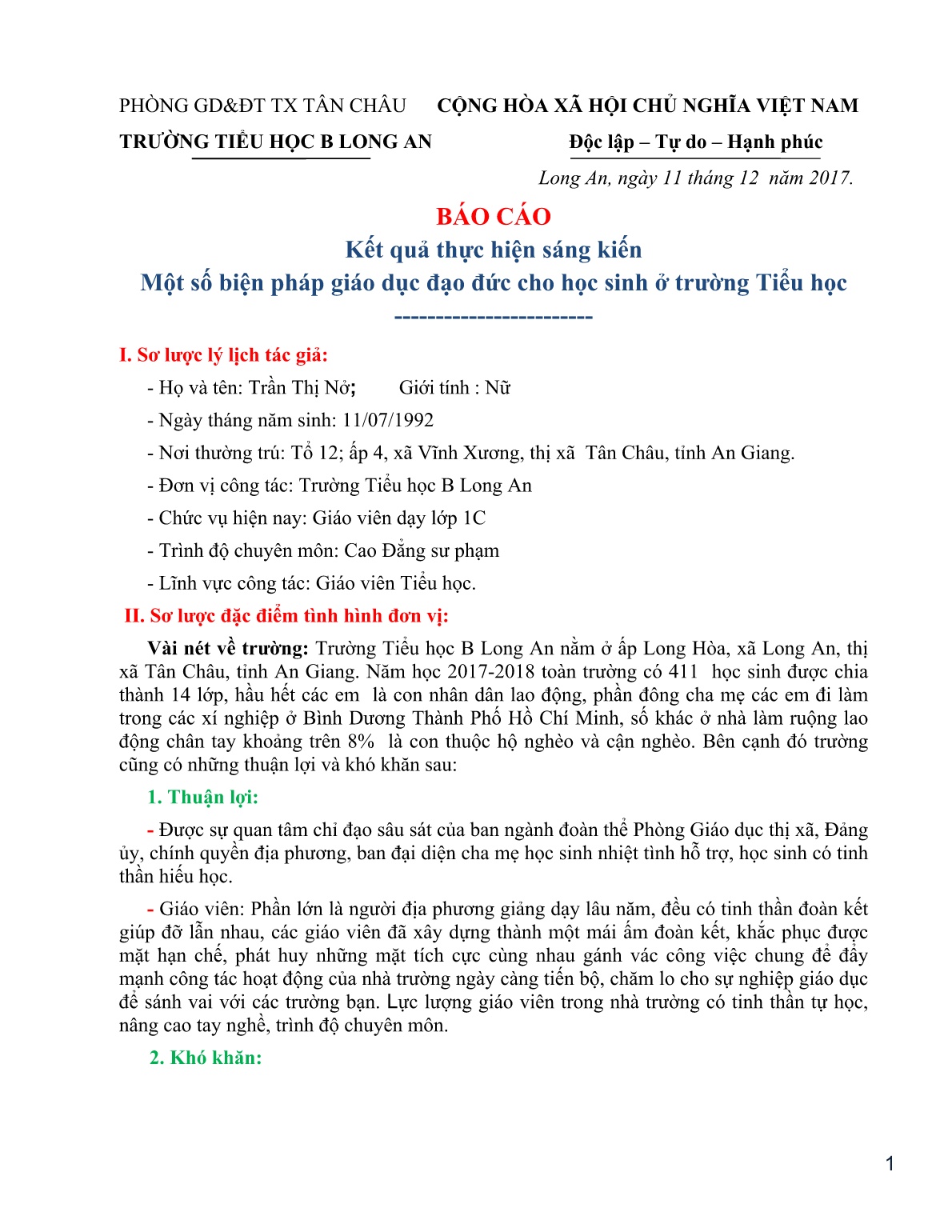 Sáng kiến kinh nghiệm Một số biện pháp giáo dục đạo đức cho học sinh ở trường Tiểu học trang 1