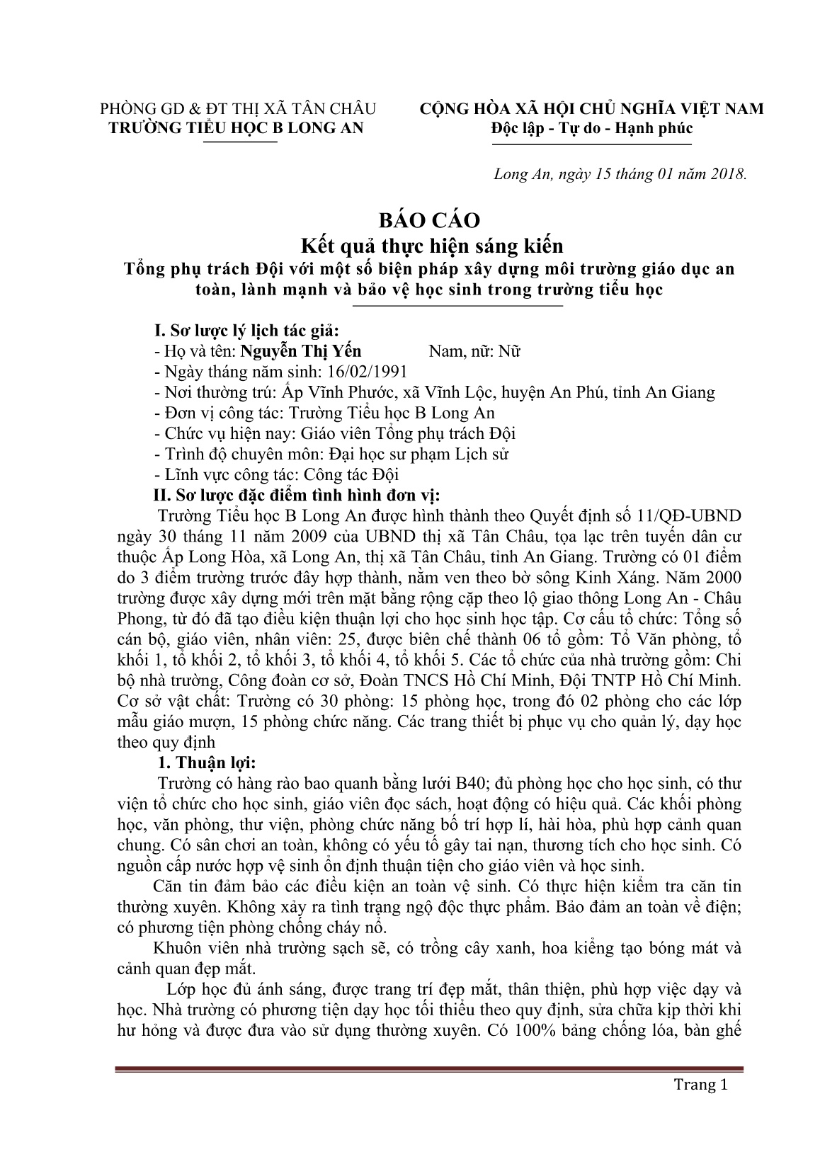 SKKN Tổng phụ trách Đội với một số biện pháp xây dựng môi trường giáo dục an toàn, lành mạnh và bảo vệ học sinh trong trường Tiểu học - Lĩnh vực: Đoàn- Đội trang 1