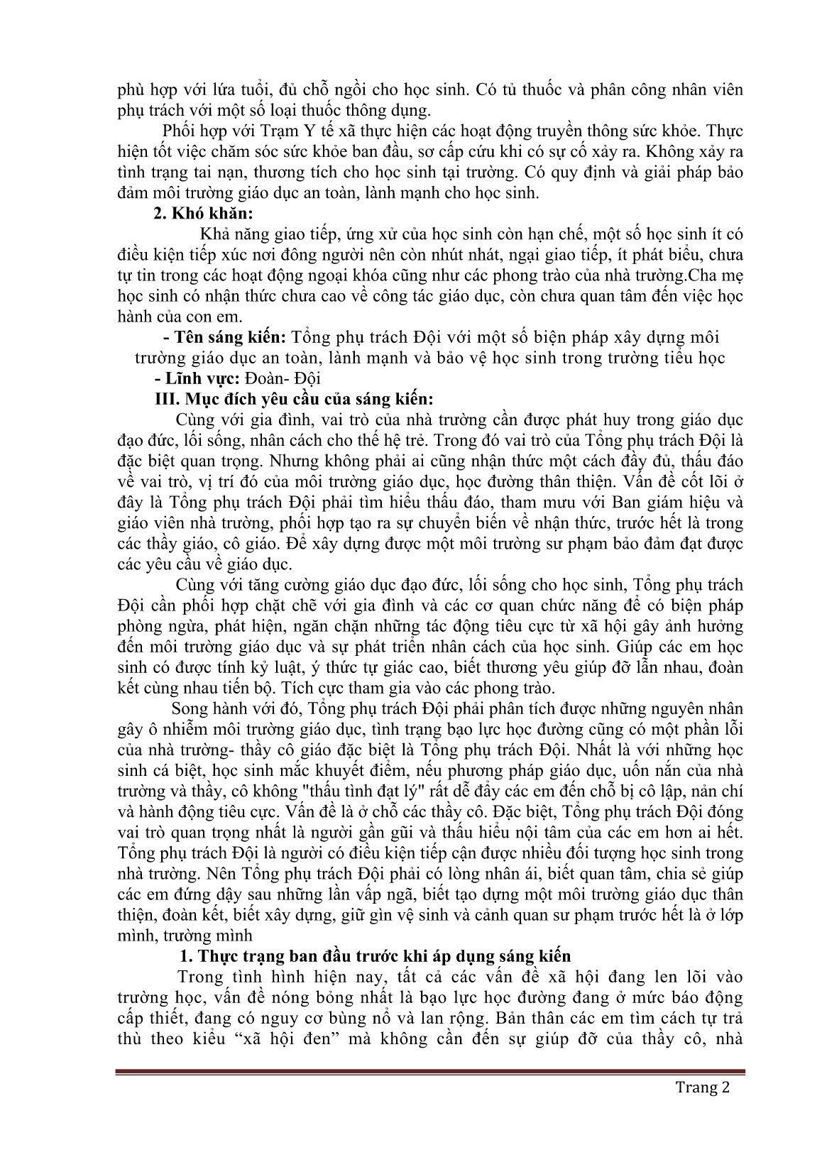 SKKN Tổng phụ trách Đội với một số biện pháp xây dựng môi trường giáo dục an toàn, lành mạnh và bảo vệ học sinh trong trường Tiểu học - Lĩnh vực: Đoàn- Đội trang 2