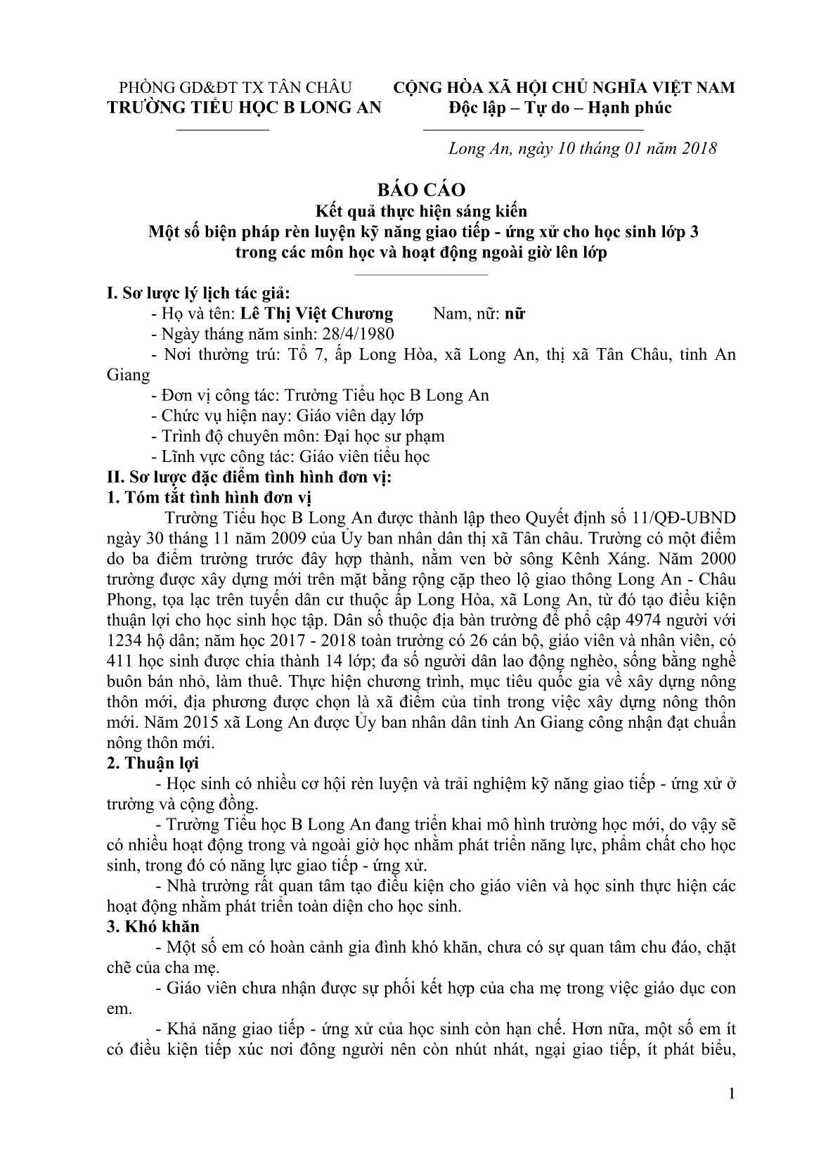 Sáng kiến kinh nghiệm Một số biện pháp rèn luyện kỹ năng giao tiếp - ứng xử cho học sinh Lớp 3 trong các môn học và hoạt động ngoài giờ lên lớp trang 1