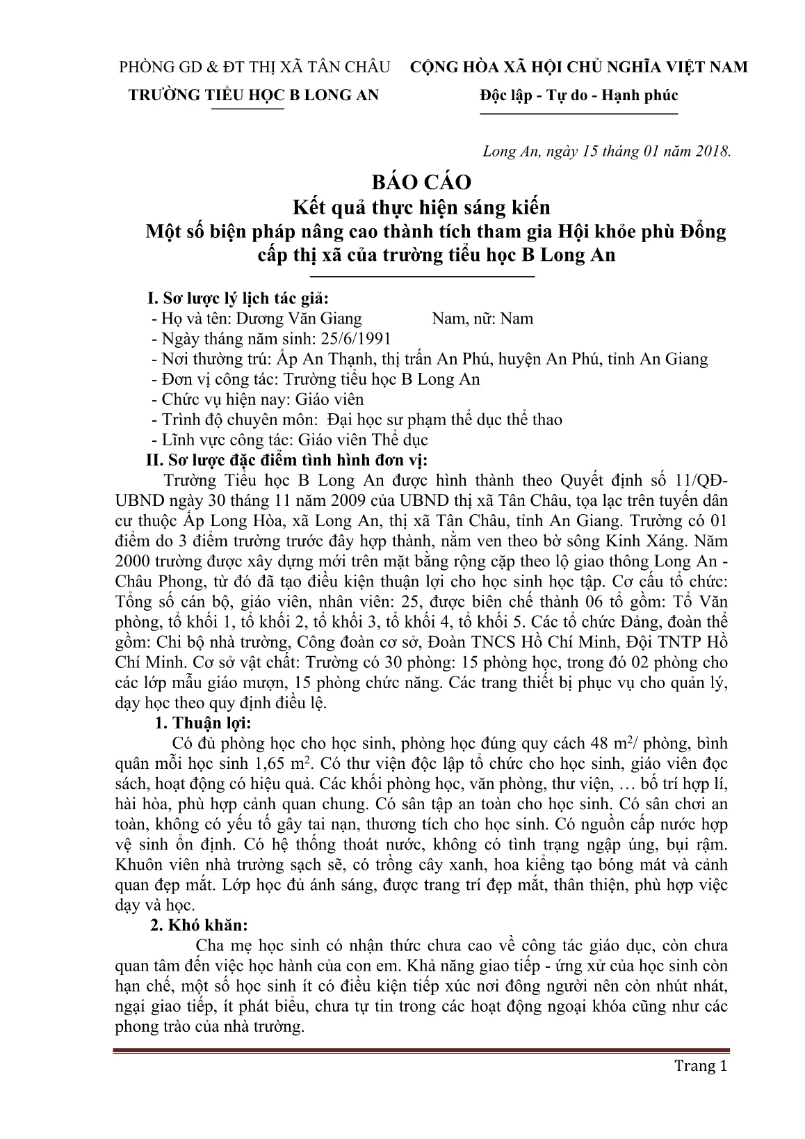 Sáng kiến kinh nghiệm Một số biện pháp nâng cao thành tích tham gia Hội khỏe phù Đổng cấp Thị xã của trường Tiểu học B Long An trang 1