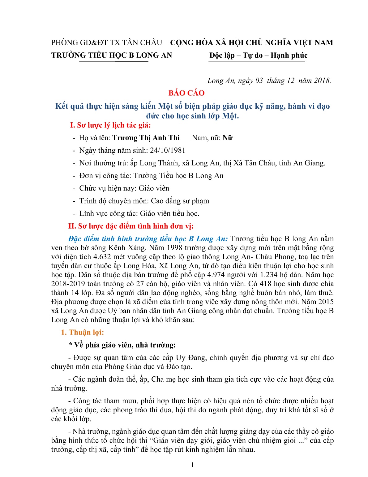 Sáng kiến kinh nghiệm Một số biện pháp giáo dục kỹ năng, hành vi đạo đức cho học sinh lớp Một trang 1