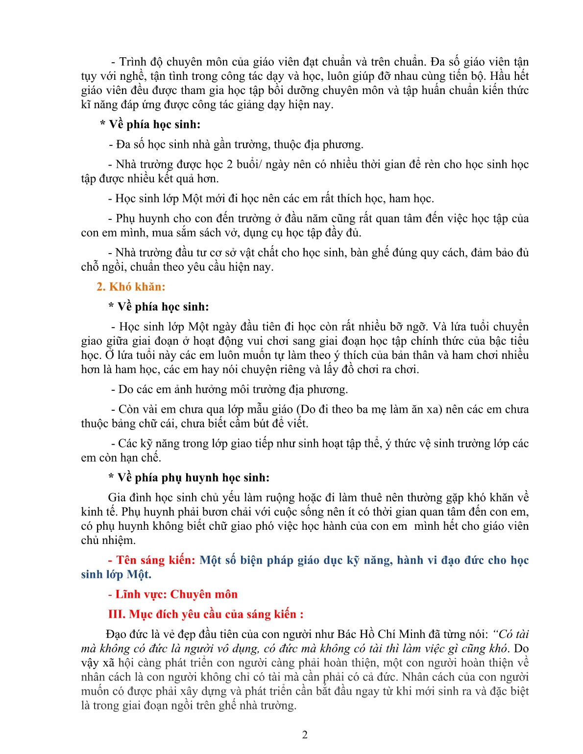 Sáng kiến kinh nghiệm Một số biện pháp giáo dục kỹ năng, hành vi đạo đức cho học sinh lớp Một trang 2