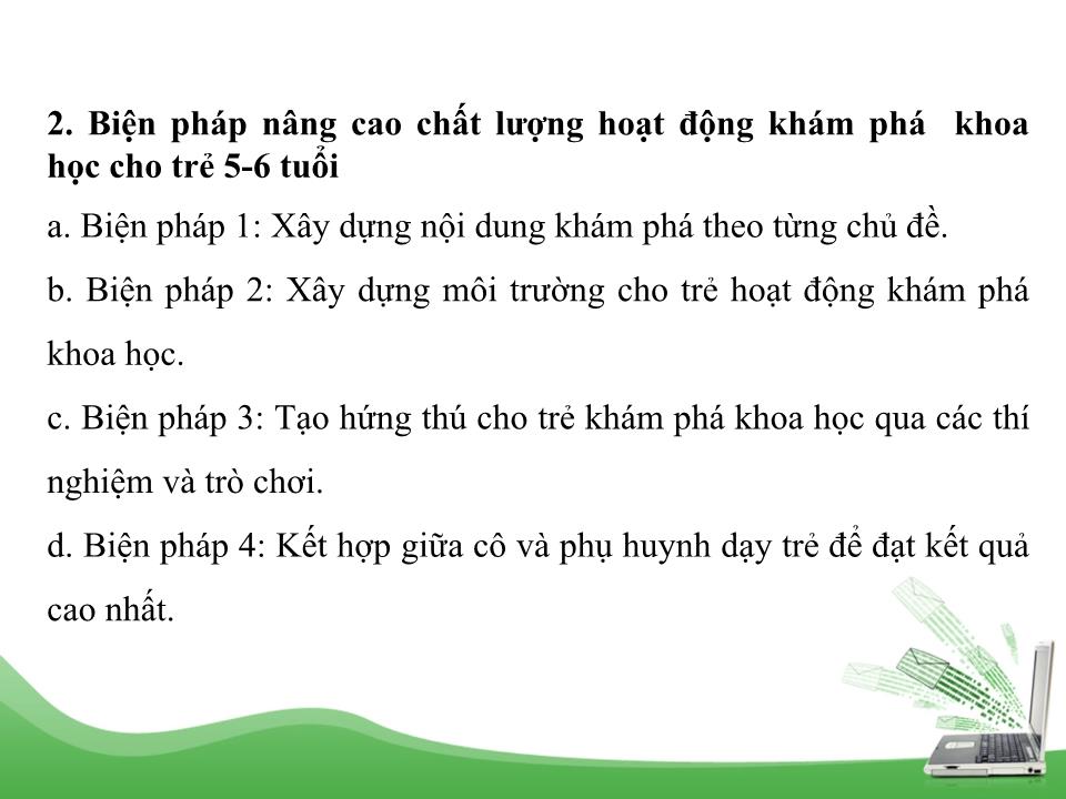 Sáng kiến kinh nghiệm Biện pháp nâng cao chất lượng tổ chức hoạt động khám phá khoa học cho trẻ 5 – 6 tuổi trang 7