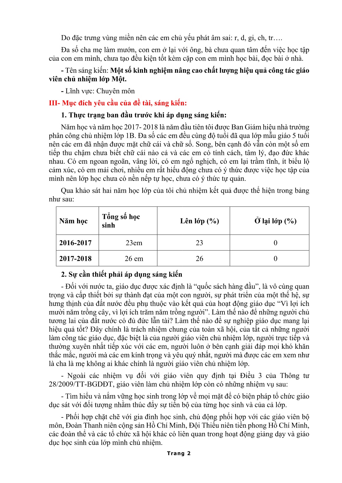 Sáng kiến kinh nghiệm Một số kinh nghiệm nâng cao chất lương hiệu quả công tác giáo viên chủ nhiệm lớp Một trang 2