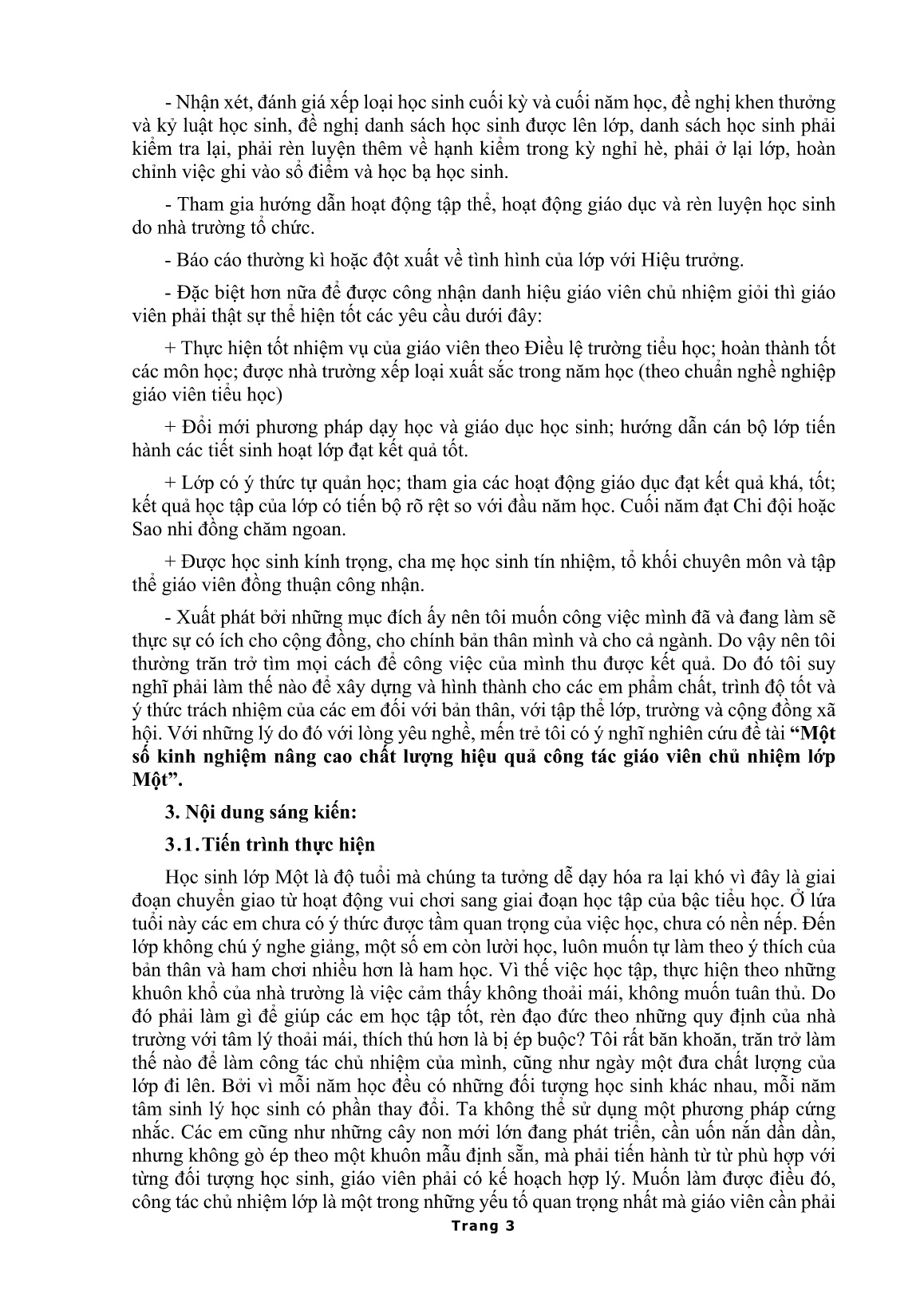 Sáng kiến kinh nghiệm Một số kinh nghiệm nâng cao chất lương hiệu quả công tác giáo viên chủ nhiệm lớp Một trang 3
