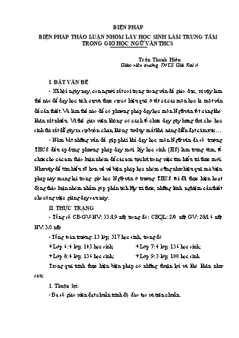 Báo cáo Biện pháp biện pháp thảo luận nhóm lấy học sinh làm trung tâm trong giờ học Ngữ Văn THCS