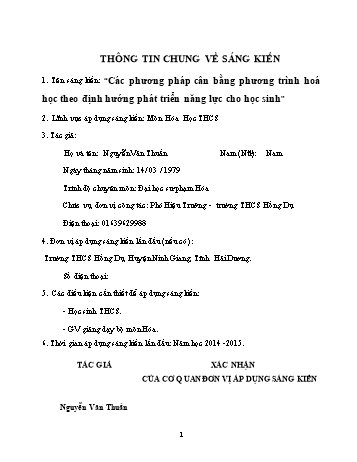 SKKN Các phương pháp cân bằng phương trình hoá học theo định hướng phát triển năng lực cho học sinh