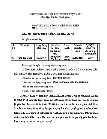 SKKN Công tác nâng cao chất lượng đội ngũ cán bộ quản lý, giáo viên Trường Mẫu giáo thị trấn Ba Tri