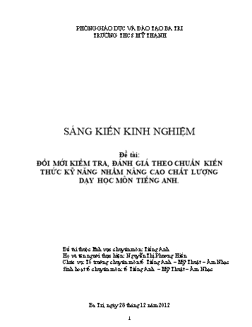 SKKN Đổi mới kiểm tra, đánh giá theo chuẩn kiến thức kỹ năng nhằm nâng cao chất lượng dạy học môn Tiếng Anh