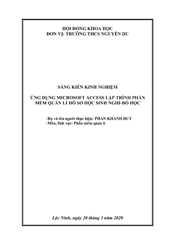 SKKN Ứng dụng microsoft access lập trình phần mềm quản lí hồ sơ học sinh nghỉ-bỏ học