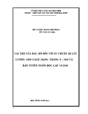 SKKN Vai trò của bác hồ đối với sự chuẩn bị lực lượng cho cách mạng tháng 8 – 1945 và bản tuyên ngôn độc lập 2/9/1945