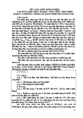 SKKN Vận dụng kiến thức bài học công thức tính nhiệt lượng và phương trình cân bằng nhiệt để giải bài tập