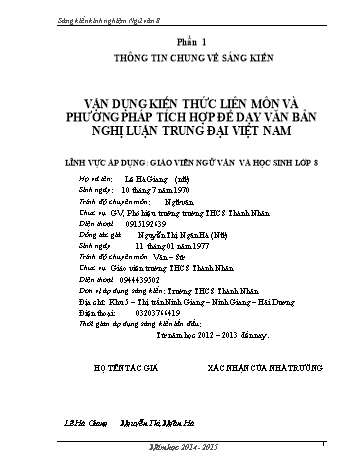 SKKN Vận dụng kiến thức liên môn và phương pháp tích hợp để dạy văn bản nghị luận trung đại Việt Nam